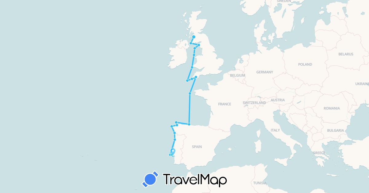 TravelMap itinerary: driving, boat in Spain, United Kingdom, Isle of Man, Portugal (Europe)
